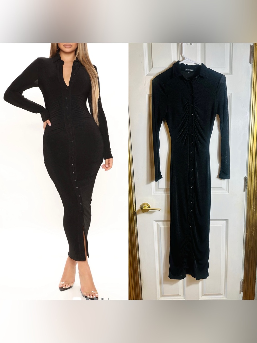 Fashion Nova Black Long-Sleeve Button-Front Ruched Midi Dress